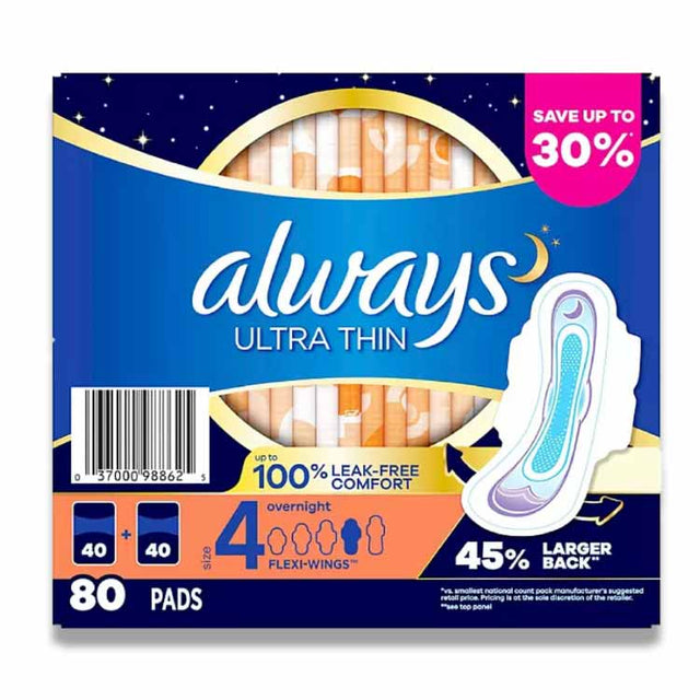 always ultra thin size 4 overnight pads with wings